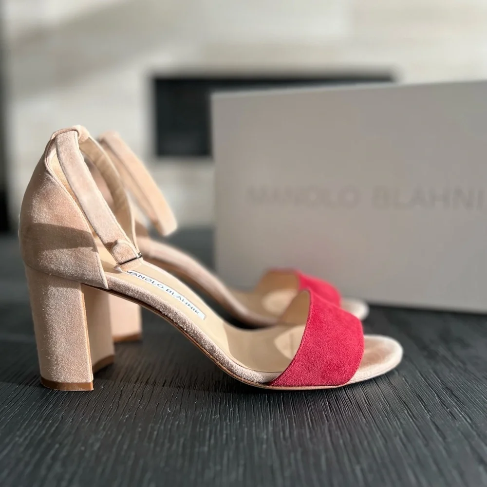 Manolo Blahnik Sz 38 Red and Tan Heels Lauratomod Velukid Block Sandals NO BOX - Picture 2 of 13